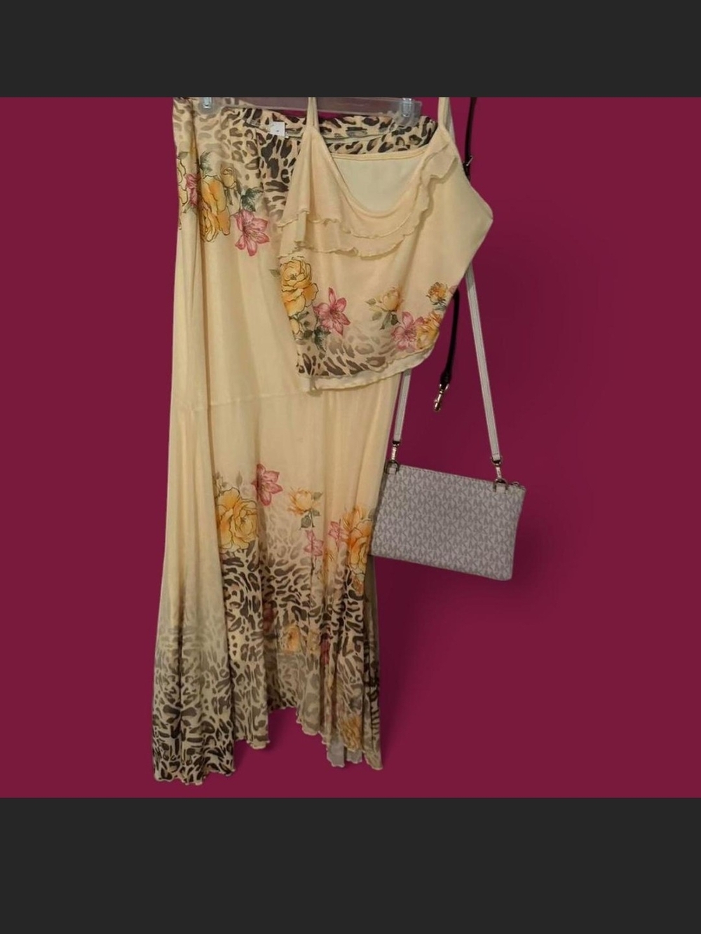 Floral Leopard-Trim Yellow Maxi Dress
